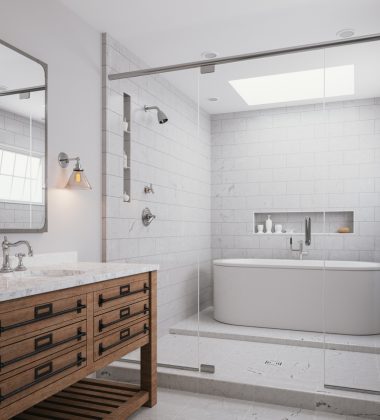 Interior of a modern luxurious bathroom with white marble.