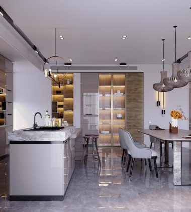 3d rendering,3d illustration, Interior Scene and  Mockup,kitchen and dining room render modern style,and minibar.